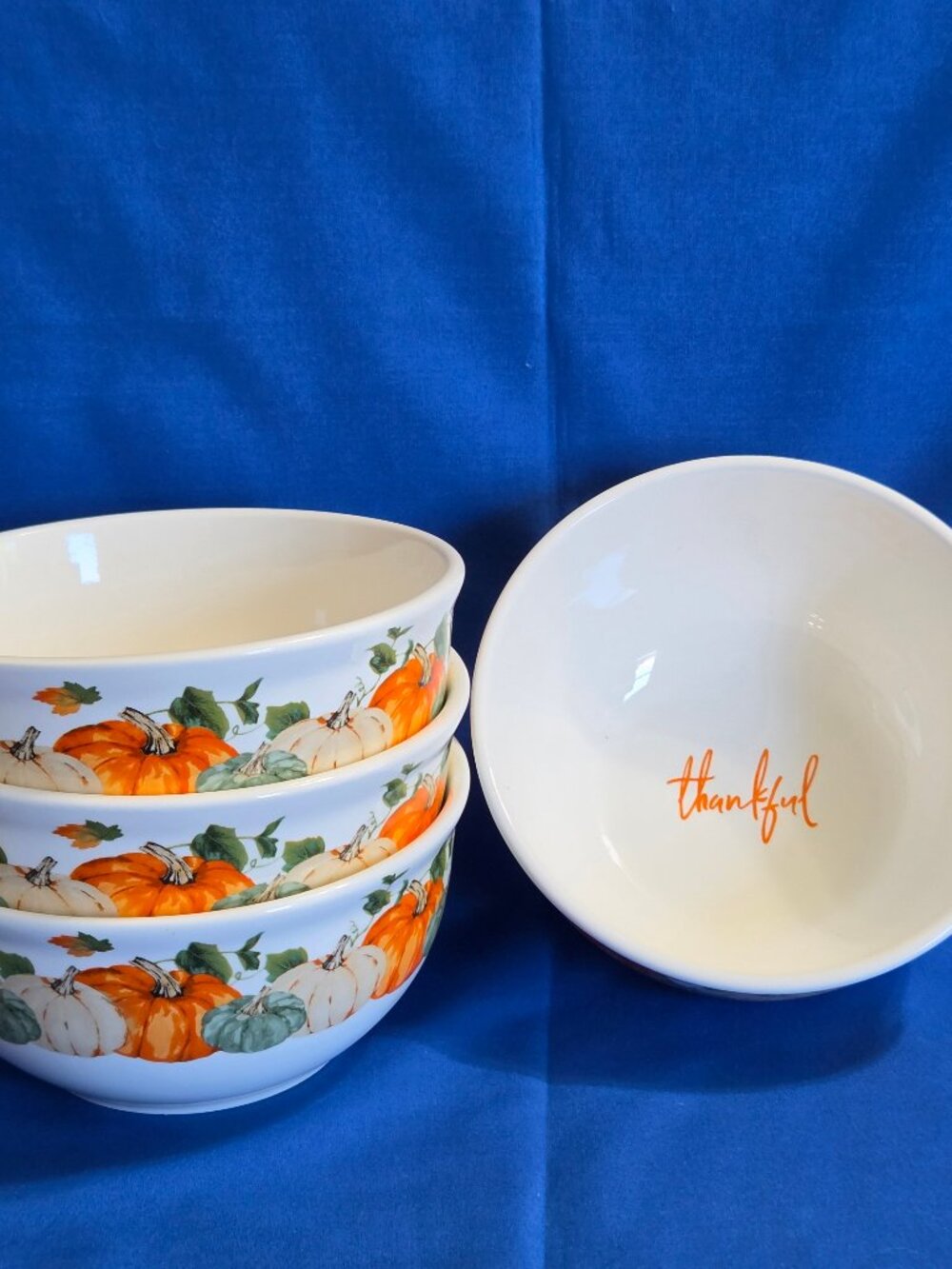 Set 4 Royal Norfolk FALL PUMPKIN 6" Soup BOWLS Cereal Thanksgiving Leaves Autumn